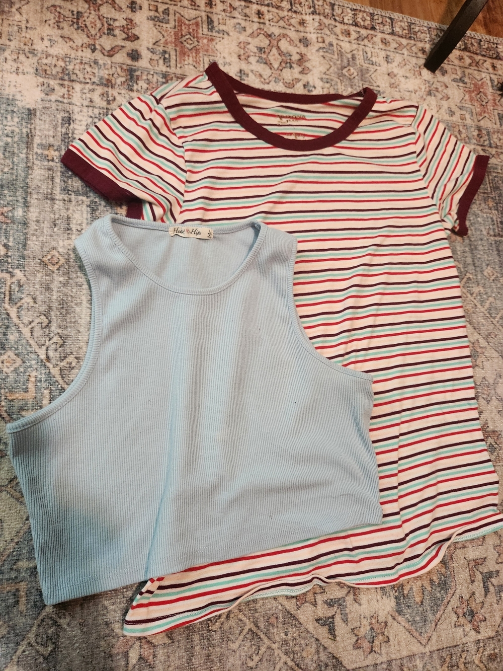 Blue Ribbed Crop Tank & Burgundy-Trim Striped Tee Set